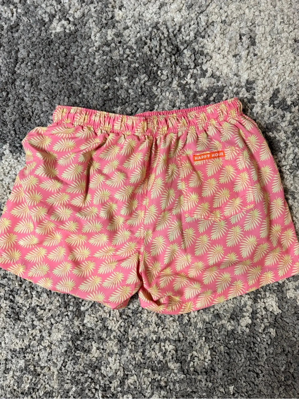 Happy Hour, Men’s Pink & Yellow Palm Leaf Print Swim Trunks Swimwear, Large